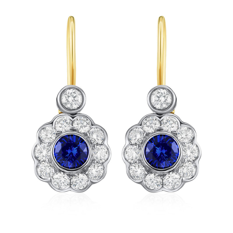 18ct White and Yellow Gold Rub Set Round Cut Sapphire and Diamond Cluster Drop Earrings