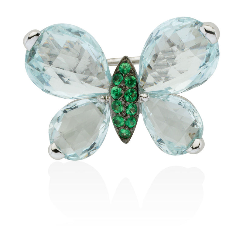 18ct White Gold Pear Shaped Aquamarine and Tsavorite Butterfly Brooch