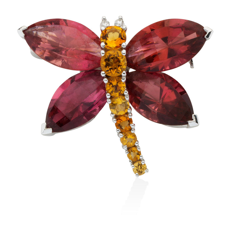 18ct White Gold Tourmaline, Citrine and Diamond Dragonfly Brooch