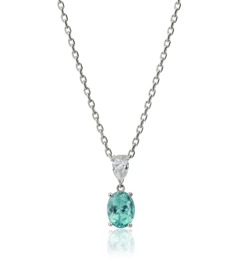 18ct White Gold Oval Cut Paraiba and Pear Cut Diamond Drop Pendant and Chain