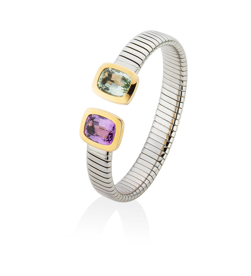18ct Rose Gold and Steel Green Amethyst and Purple Amethyst Torque Bangle
