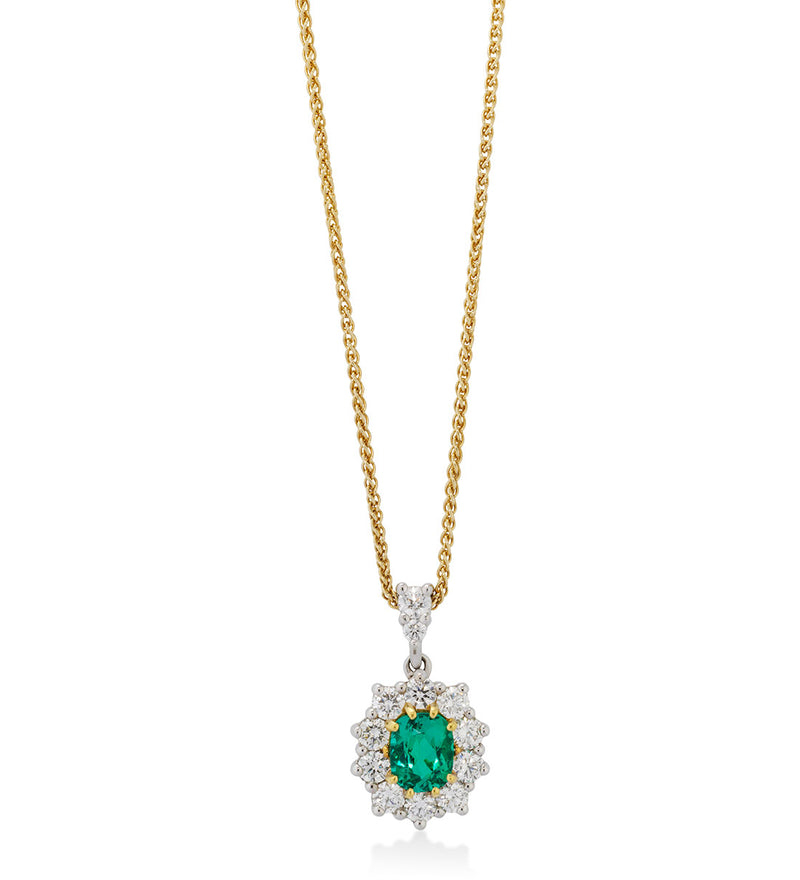22ct Yellow and 18ct White Gold Emerald and Diamond Halo Cluster Pendant and Chain