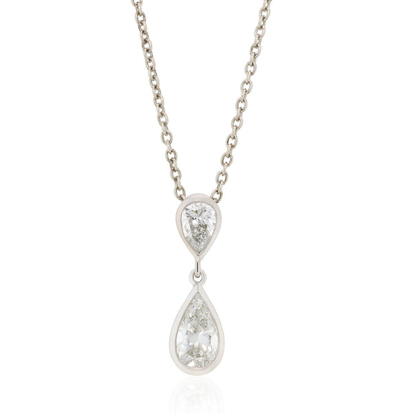 18ct White Gold Rub Set Pear Cut Diamond Drop Pendant and Chain