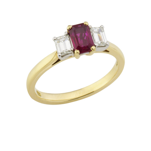 18ct Yellow and White Gold Three Stone Square Cut Ruby and Emerald Cut Diamond Ring