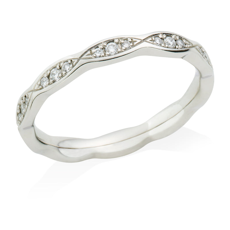 Platinum Polished Round Brilliant Cut Diamond Pave Set Shaped Wedding Ring
