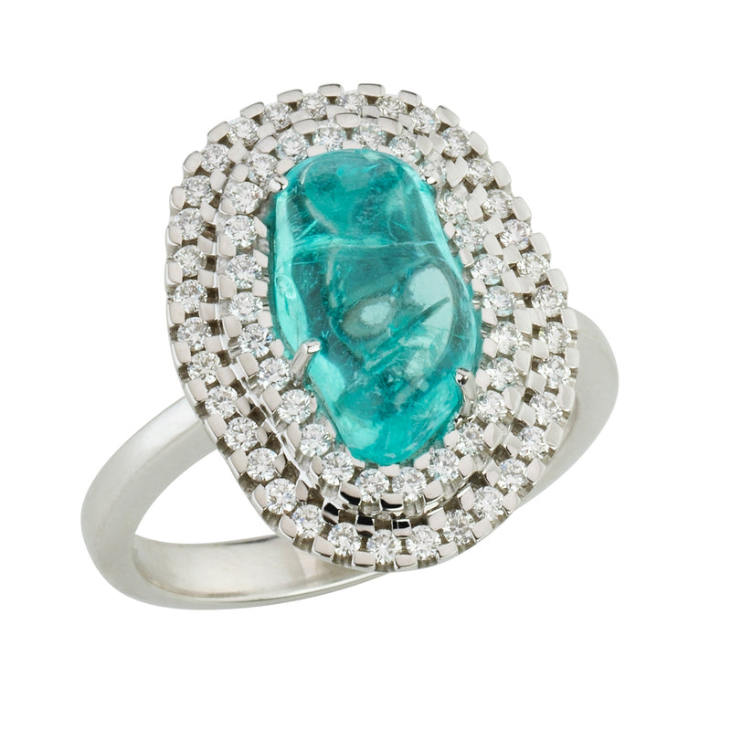 18ct White Gold Four Claw Set Cabochon Cut Paraiba and Diamond Double Halo Cluster Ring
