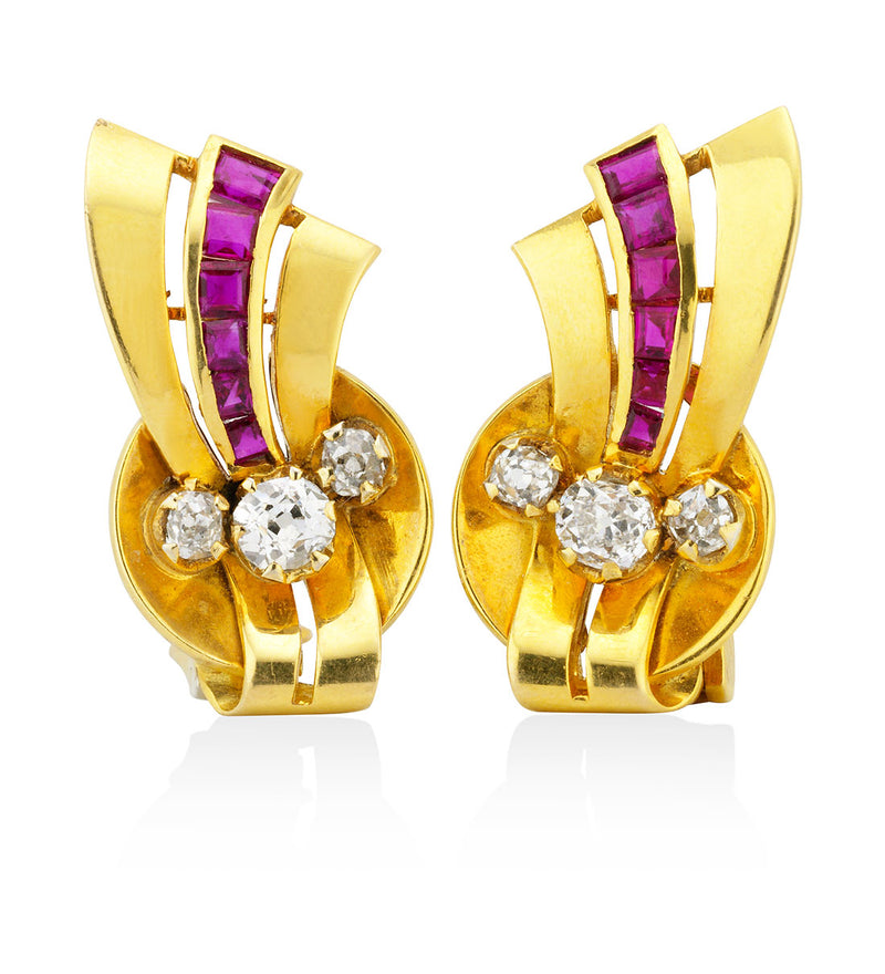Antique Retro Yellow Gold Old Cut Diamond and Calibre Cut Ruby Earrings with a Clip Fitting