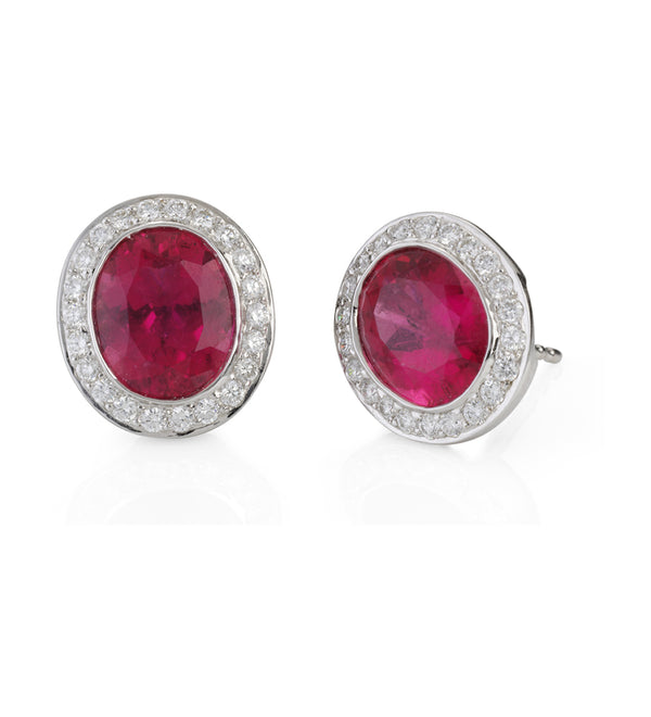 18ct White Gold Rub Set Oval Cut Rubellite Tourmaline and Round Brilliant Cut Diamond Halo Cluster Earrings