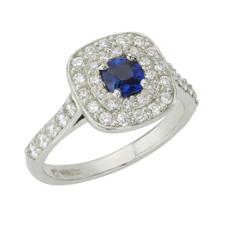 Pre-Owned Platinum Cushion Cut Sapphire and Diamond Double Halo Cluster Ring