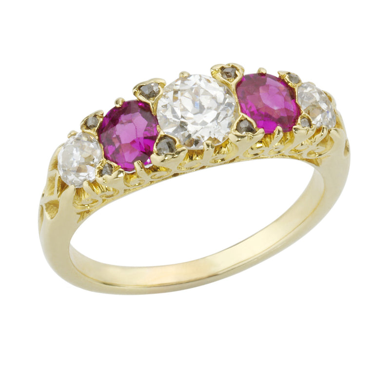 Pre-Owned Yellow Gold Five Stone Old Cut Diamond and Round Cut Ruby Ring