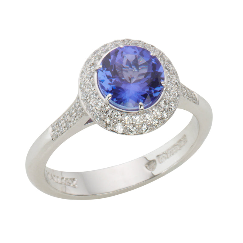 18ct White Gold Six Claw Set Round Cut Tanzanite and Diamond Double Halo Cluster Ring