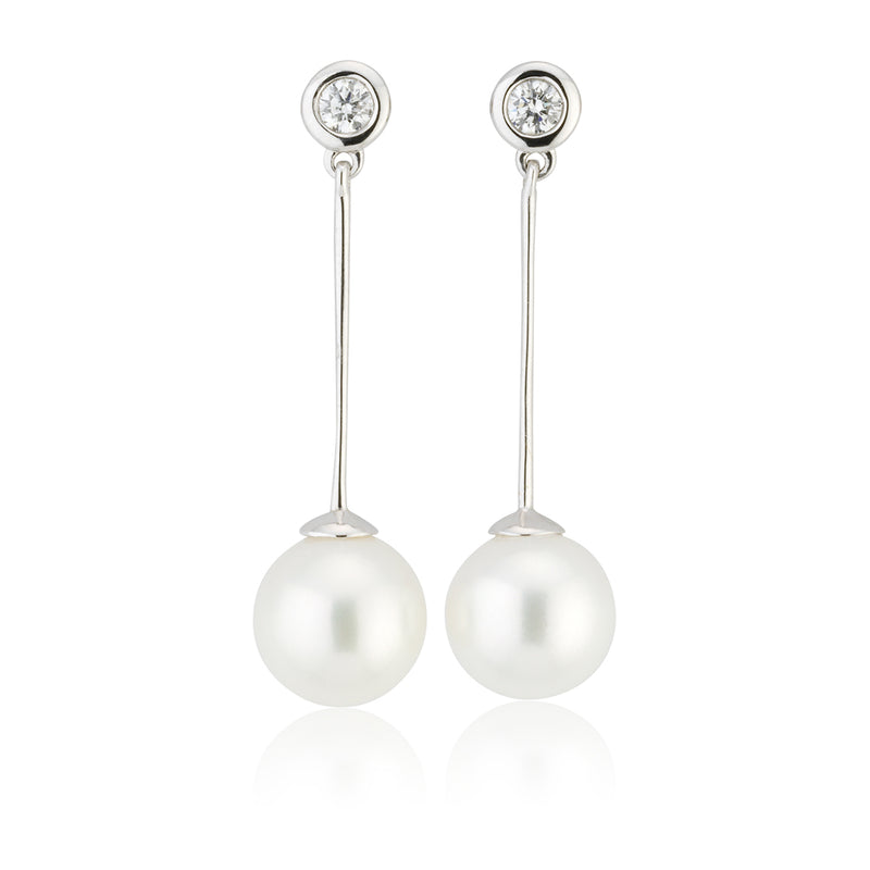 18ct White Gold Akoya Cultured Pearl and Diamond Drop Earrings with a Post and Scroll Fitting