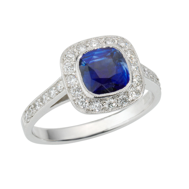18ct White Gold Cushion Cut Sapphire and Diamond Halo Cluster Ring