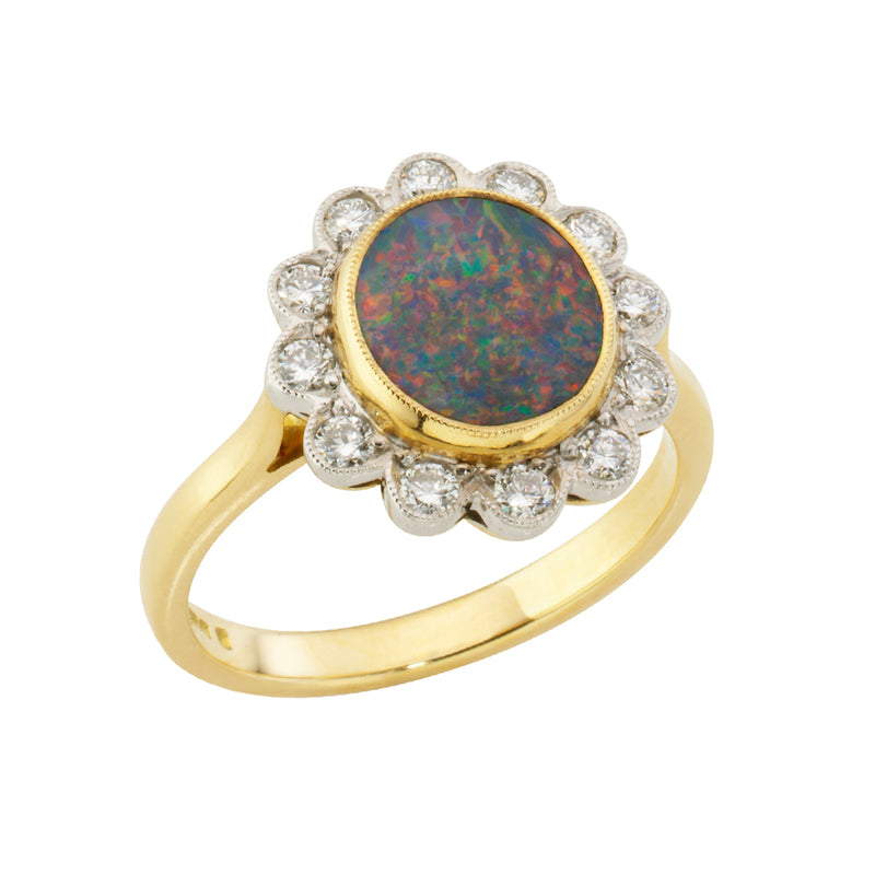 18ct Yellow and White Gold Rub Set Round Cut Black Opal and Diamond Floral Cluster Ring