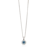 18ct White Gold Round Cut Aquamarine and Diamond Floral Cluster Pendant and Chain