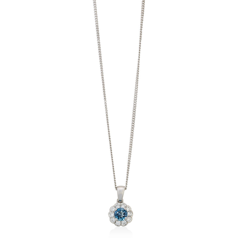 18ct White Gold Round Cut Aquamarine and Diamond Floral Cluster Pendant and Chain