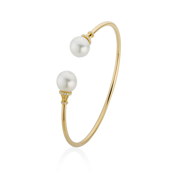 18ct Yellow Gold South Sea Cultured Pearl and Diamond Torque Bangle