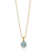 18ct Yellow and White Gold Oval Cut Aquamarine and Diamond Halo Cluster Pendant and Chain