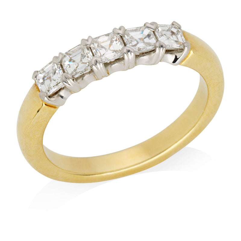 18ct Yellow and White Gold Four Claw Set Asscher Cut Diamond Half Eternity Ring