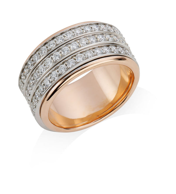 18ct Rose and White Gold Three Band Grain Set Round Brilliant Cut Diamond Ring