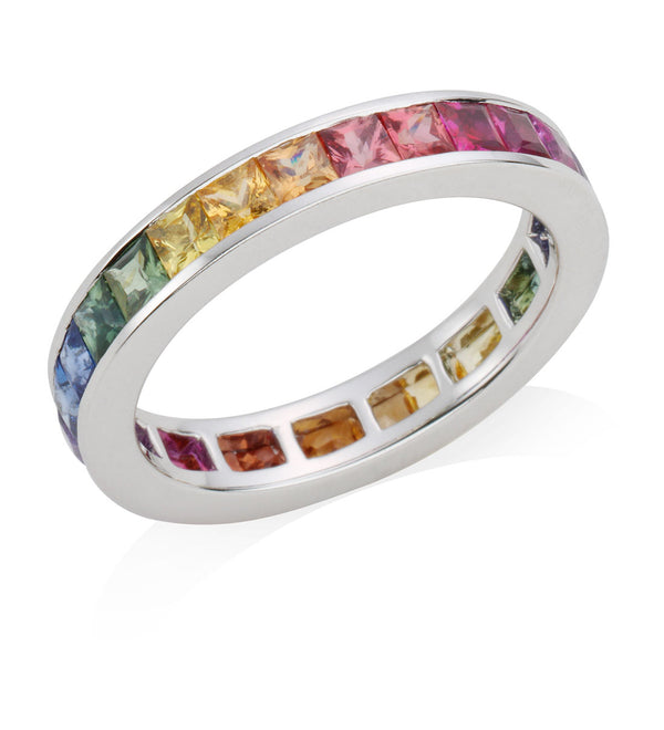 18ct White Gold Channel Set Princess Cut Rainbow Sapphire Full Eternity Ring