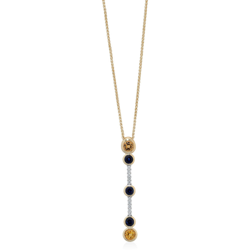 Cascade 18ct Yellow and White Gold Rub Set Round Cut Sapphire and Diamond Drop Pendant and Chain