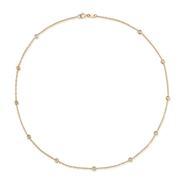 18ct Yellow Gold Rub Set Round Brilliant Cut Diamond Chain Necklace