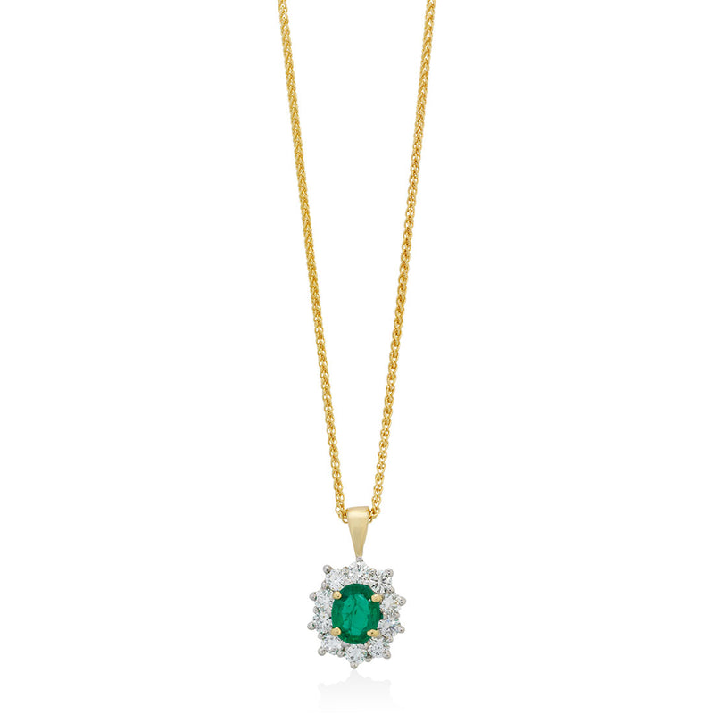 18ct Yellow and White Gold Oval Cut Emerald and Diamond Halo Cluster Pendant and Chain