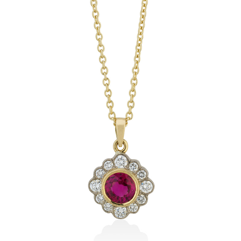 18ct Yellow and White Gold Milgrain Edge Rub Set Round Cut Ruby and Diamond Halo Cluster Pendant and
