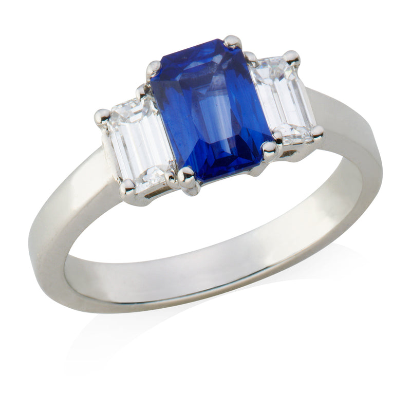 Platinum Three Stone Emerald Cut Sapphire and Baguette Cut Diamond Ring