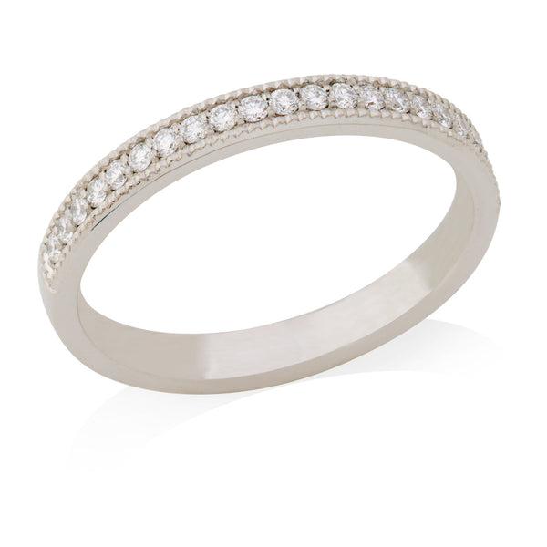 Platinum Polished Milgrain Edge Grain Set Round Brilliant Cut Diamond Flat Court Wedding Ring
