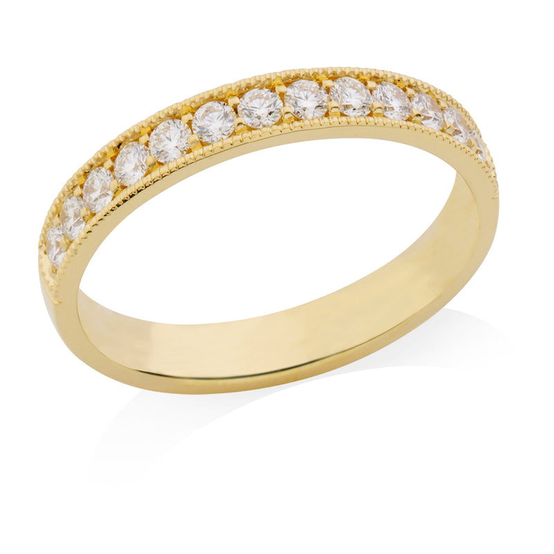 18ct Yellow Gold Polished Milgrain Edge Grain Set Round Brilliant Cut Diamond Court Wedding Ring