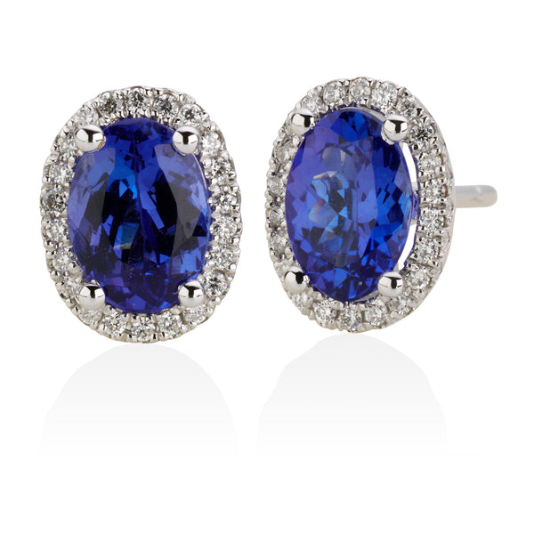18ct White Gold Oval Cut Tanzanite and Diamond Halo Cluster Stud Earrings