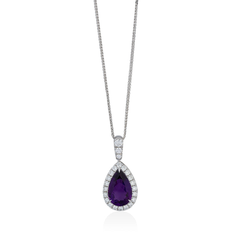 18ct White Gold Three Claw Set Pear Shaped Amethyst and Round Brilliant Cut Diamond Halo Cluster Pendant