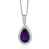 18ct White Gold Three Claw Set Pear Shaped Amethyst and Round Brilliant Cut Diamond Halo Cluster Pendant