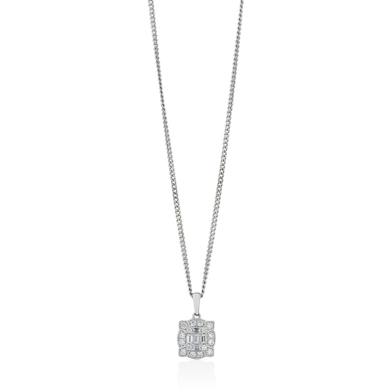 18ct White Gold Four Claw Set Baguette Cut Diamond and Round Brilliant Cut Cluster Pendant and Chain