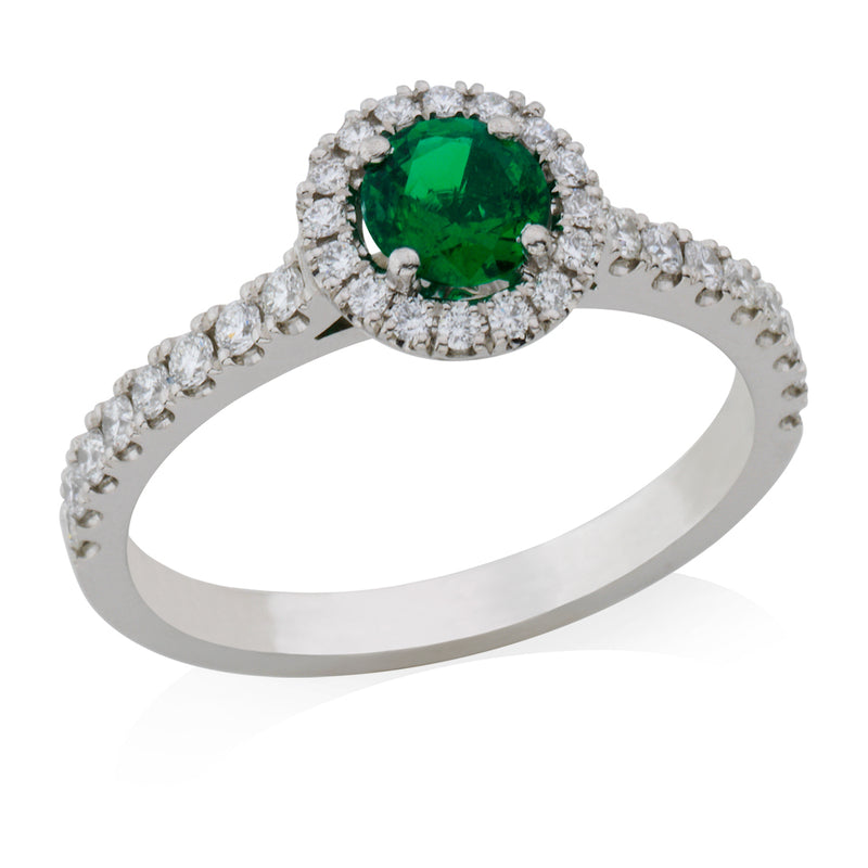 Platinum Round Cut Emerald and Round Brilliant Cut Diamond Halo Cluster Ring