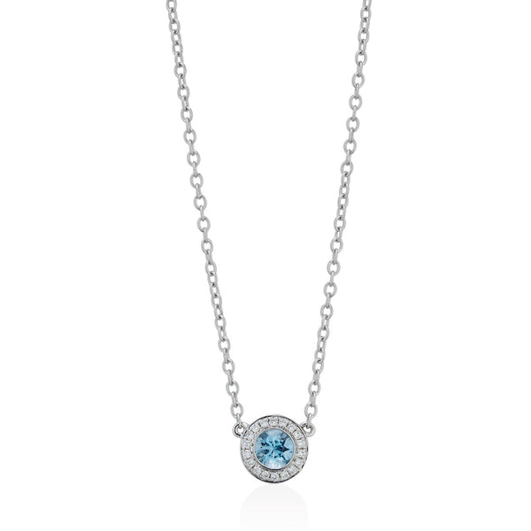 18ct White Gold Round Cut Aquamarine and Diamond Halo Cluster Pendant and Chain