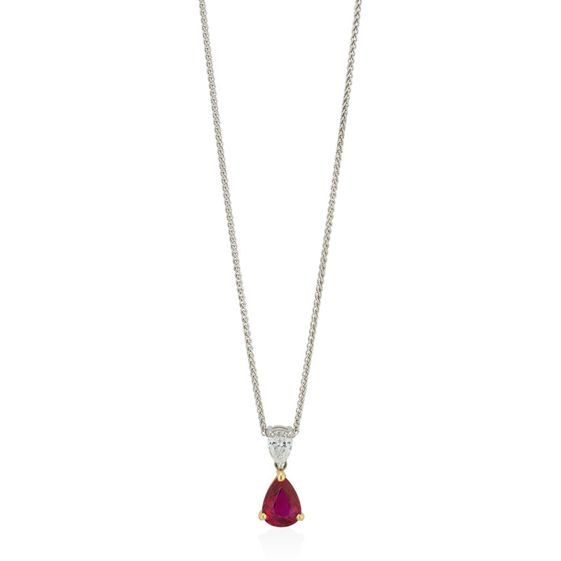 18ct Yellow and White Gold Pear Cut Ruby and Diamond Drop Pendant and Chain