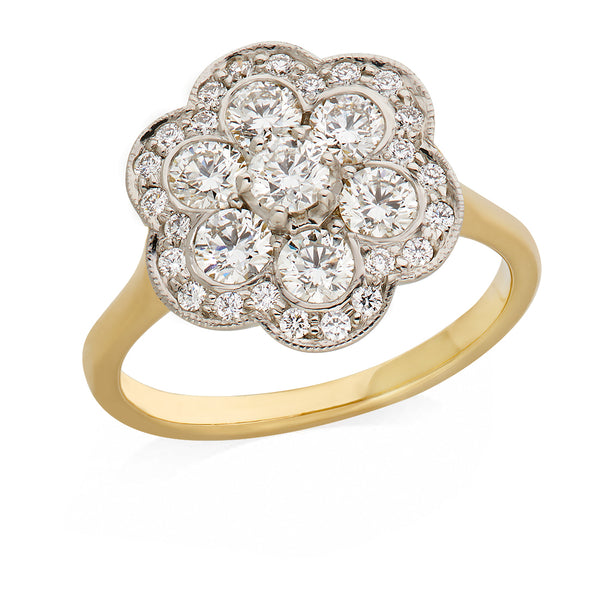 18ct Yellow Gold and Platinum Rub Set Round Brilliant Cut Diamond Floral Cluster Ring
