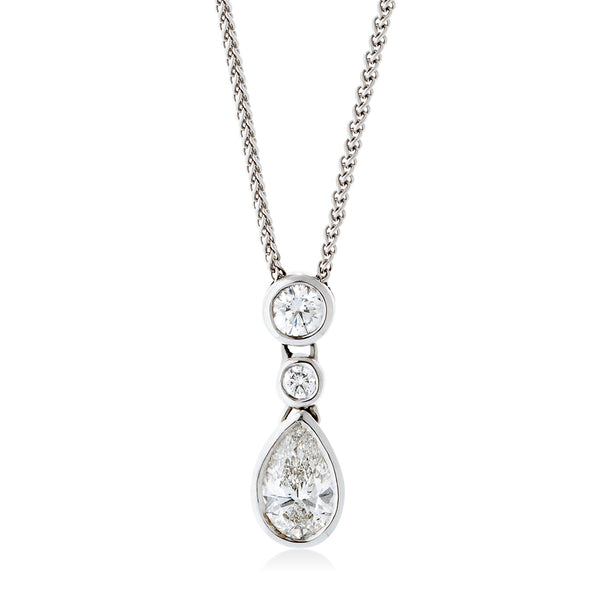 18ct White Gold Rub Set Pear Shaped Diamond and Round Brilliant Cut and Diamond Drop Pendant and Chain