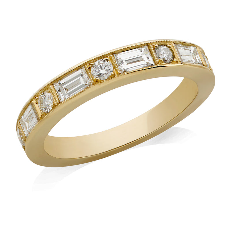 18ct Yellow Gold Baguette Cut and Round Brilliant Cut Diamond Half Eternity Ring