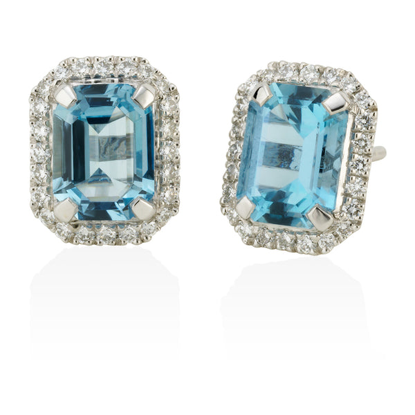 Platinum Emerald Cut Aquamarine and Diamond Halo Cluster Stud Earrings