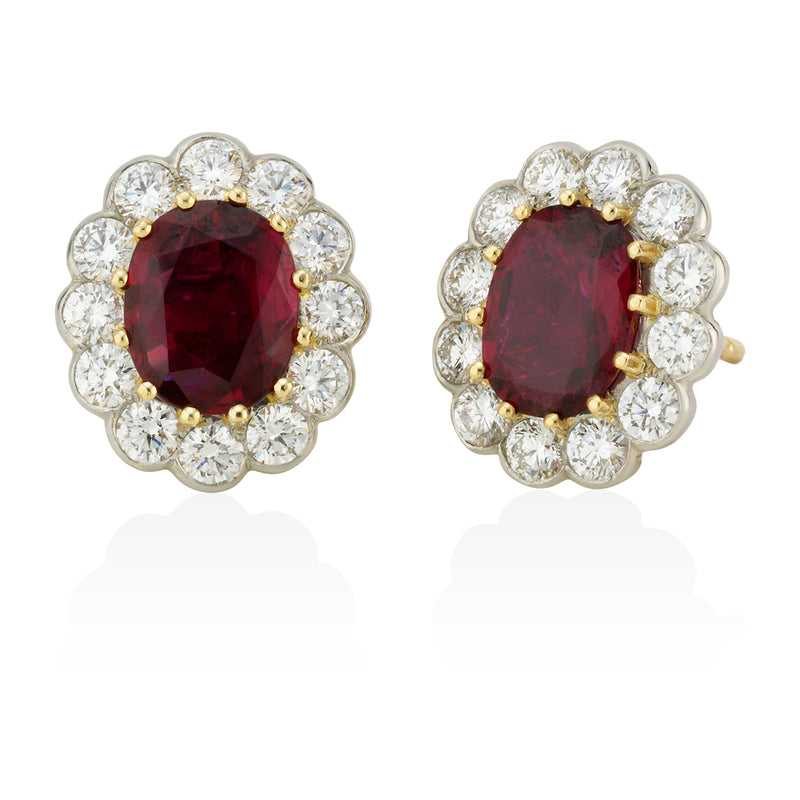 18ct Yellow and White Gold Oval Cut Unheated Ruby and Diamond Halo Cluster Stud Earrings