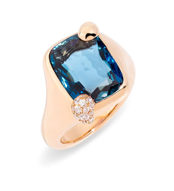 Pomellato Ritratto 18ct Rose Gold London Blue Topaz and Diamond Ring