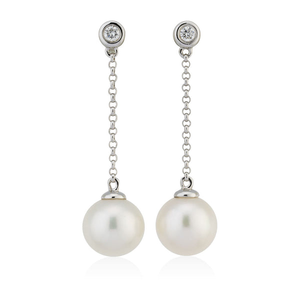 18ct White Gold Akoya Cultured Pearl and  Diamond Drop Earrings