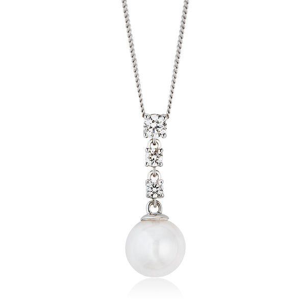18ct White Gold Akoya Cultured Pearl and Diamond Pendant and Chain