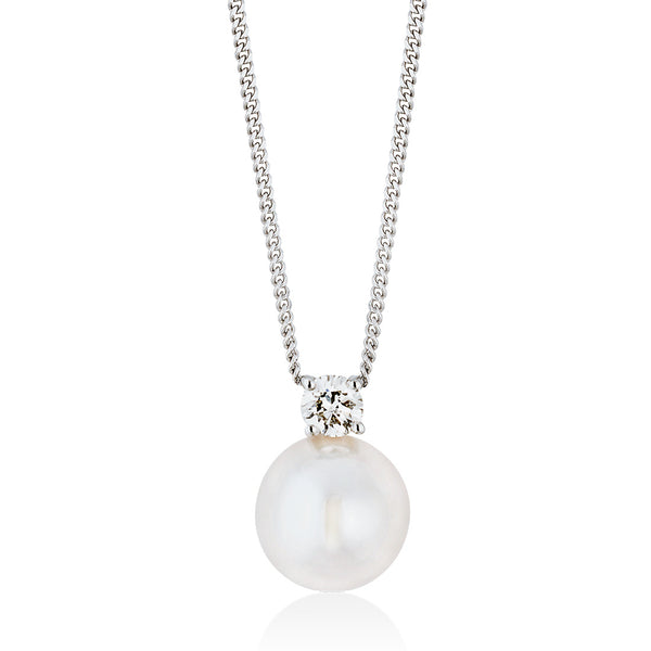 18ct White Gold Akoya Cultured Pearl and Diamond Pendant and Chain