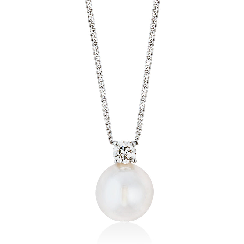 18ct White Gold Akoya Cultured Pearl and Diamond Pendant and Chain
