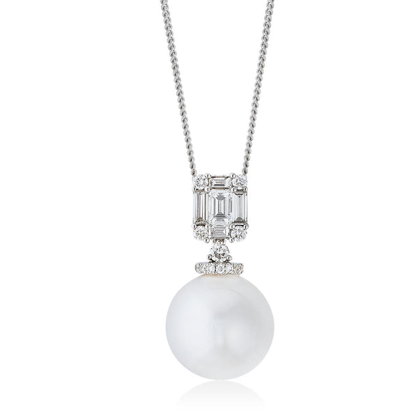 18ct White Gold South Sea Cultured Pearl and Diamond Pendant and Chain